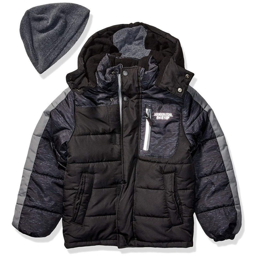 London Fog Baby Boy Black Grey Zip Up Hooded Puffer Jacket With Hat Size 12M